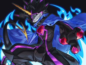 anthro black_body black_sclera blue_fire cape claws clothing colored_fire colored_nails evil_grin fire horn male nails sharp_teeth smile solo stinger stinger_tail tail teeth confeito000_333 bandai_namco digimon digimon_ghost_game digimon_(species) gulusgammamon scalie 4:3 hi_res