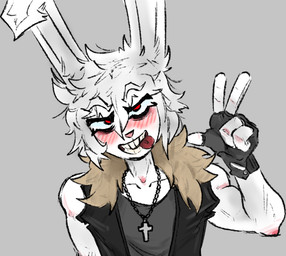 albino ambiguous_gender anthro athletic athletic_ambiguous bite blush blush_lines chain_collar clothing collar fingerless_gloves gesture gloves hair hand_gesture handwear jewelry looking_at_viewer male muscular muscular_male red_eyes shirt smug_face solo tank_top tongue tongue_bite tongue_out topwear v_sign vest white_body white_hair kokomutts lagomorph leporid mammal rabbit 2025 digital_drawing_(artwork) digital_media_(artwork)
