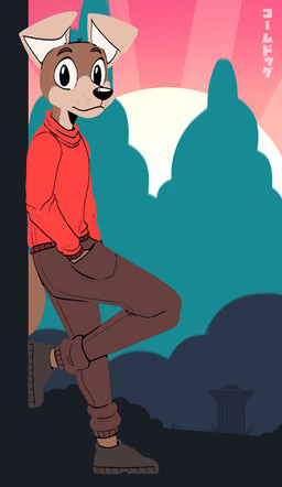 anthro black_border black_eyes border bottomwear brown_body brown_bottomwear brown_clothing brown_footwear brown_fur brown_pants brown_shoes clothed clothing eyebrows floppy_ears folded_ears footwear fully_clothed fur long_sleeve_shirt looking_at_viewer male pants plant red_clothing red_shirt red_topwear shirt shoes shrub sky smile solo standing sun tail text topwear tree komdog kom_(komdog) canid canine canis domestic_dog mammal 2020 animated color_contrast digital_media_(artwork) japanese_text