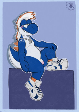anthro biped blue_background blue_body blue_border blue_skin blue_tail blush border clothing flaccid footwear footwear_only genitals gradient_penis grin hair hand_on_knee hand_on_leg jewelry looking_at_viewer male mostly_nude multicolored_body multicolored_penis multicolored_skin necklace orange_clothing orange_footwear orange_socks penis pink_penis shoes shoes_only side_view simple_background sitting smile socks solo tail two_tone_body two_tone_penis two_tone_skin white_body white_clothing white_footwear white_hair white_penis white_shoes white_skin white_tail kickingkeldeo mario_bros nintendo ajax_(ajaxuoff) blue_yoshi yoshi 2025 dated digital_drawing_(artwork) digital_media_(artwork) full-length_portrait hi_res portrait signature