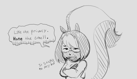 anthro big_tail blush blush_lines crossed_arms dialogue eyewear female glasses smelly solo tail text yotomoe muffy_(yotomoe) mammal mephitid skunk 2020 black_and_white english_text monochrome