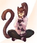 anthro bangs beverage brown_body brown_eyebrows brown_face brown_fur brown_hair candy chocolate circle_eyebrows clothing crossed_legs dessert eyebrows eyes_closed female food fur hair hot_chocolate markings pattern_clothing pattern_scarf ponytail scarf simple_background sitting smile solo striped_clothing striped_scarf stripes sweater tail tail_markings tan_face topwear two_tone_face kiit0s kiala_(kiit0s) felid feline lynx mammal