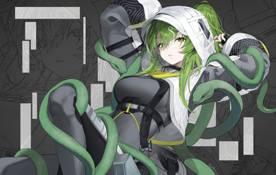accessory belt bent_legs black_bodysuit black_clothing black_skinsuit bodysuit breasts clothed clothing covered_navel duo female fingerless_gloves gloves green_eyes green_hair hair hair_accessory hair_between_eyes handwear hood jacket long_hair medium_breasts open_clothing open_jacket open_topwear pointy_ears ponytail prick_ears raised_arms skinsuit tight_clothing topwear white_clothing white_jacket white_topwear mark_jin arknights arknights_endfield hypergryph studio_montagne fluorite_(arknights) animal_humanoid humanoid reptile reptile_humanoid scalie scalie_humanoid snake snake_humanoid absurd_res hi_res