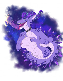 anthro breasts female forked_tongue hand_on_breast horn jewelry long_tongue medium_breasts navel necklace nipples non-mammal_breasts non-mammal_navel non-mammal_nipples nude open_mouth purple_body purple_scales scales solo teeth tongue tongue_out ventral_scales mordorinka kobold_(5e) scalie hi_res