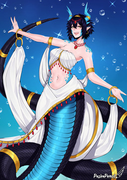 accessory apode belly_dancer black_body black_hair black_scales blue_body blue_scales breasts clothed clothing female furgonomics gold_(metal) hair horn humanoid_pointy_ears jewelry legless midriff navel necklace pointy_ears scales serpentine solo split_form tail tail_accessory tail_jewelry pashapencil draconcopode lamia reptile scalie snake 2025
