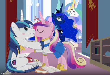 blue_body blue_eyes blue_feathers blush book canon_couple cheerleader clothed clothing crown cutie_mark eyes_closed feathered_wings feathers female feral foreplay group hair headgear heart_symbol horn kissing male multicolored_hair purple_eyes scroll tiara two_tone_hair wings dm29 friendship_is_magic hasbro my_little_pony mythology princess_cadance_(mlp) princess_celestia_(mlp) princess_luna_(mlp) shining_armor_(mlp) equid equine mammal mythological_creature mythological_equine unicorn winged_unicorn 2013