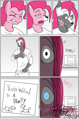 anthro clothing computer corruption electronics female ftm_transformation gender_transformation laptop male solo tf_into_fictional_character transformation clock-face friendship_is_magic hasbro my_little_pony pinkamena_(mlp) pinkie_pie_(mlp) canid canine earth_pony equid equine fox horse mammal pony comic hi_res