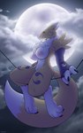 3_fingers 3_toes anthro armwear big_breasts blue_eyes breasts claws clothing cloud feet female fingers fur moon neck_tuft night nipples outside sky solo tail thick_thighs toes tuft white_body white_fur wire yellow_body yellow_fur corrsk bandai_namco digimon canid canine digimon_(species) mammal renamon hi_res