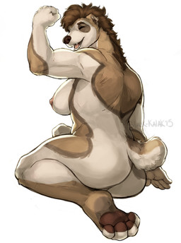 anthro biceps breasts brown_hair butt eyes_closed female flexing fur hair muscular muscular_anthro muscular_female nipples pawpads short_tail side_boob smile solo tail tan_body tan_fur black-kalak canid canine canis domestic_dog mammal 2015