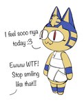 blue_body blue_fur closed_smile clothing dialogue duo egyptian egyptian_clothing egyptian_headdress eyelashes female fur fusion humor mouth_closed offscreen_character red_eyes sharp_teeth simple_background smile speech_bubble talking_to_another teeth text white_clothing yellow_body yellow_fur okgaki animal_crossing egyptian_mythology middle_eastern_mythology mythology nintendo tsukihime type-moon ankha_(animal_crossing) neco-arc domestic_cat felid feline felis mammal 2024 colored english_description english_text hi_res