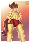 blush brown_eyes brown_hair brown_tail bulge clothing genitals hair hand_on_chest hand_on_hip looking_at_viewer looking_down male penis penis_poking_out red_clothing red_underwear smile smiling_at_viewer solo tail underwear shyder equid equine horse mammal pony hi_res