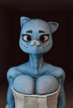 anthro blue_body blue_skin breast_squish breasts cleavage clothed clothing female solo squish towel wet iglooder cartoon_network the_amazing_world_of_gumball nicole_watterson domestic_cat felid feline felis mammal 3d_(artwork) 3d_animation animated blender_(artwork) digital_media_(artwork) hi_res