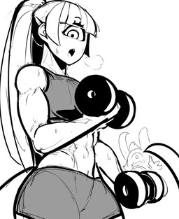 1_eye being_watched big_eyes big_tail blush bodily_fluids clothing duo exercise female female_focus hair long_tail looking_at_another looking_at_viewer male midriff monster_girl_(genre) muscular muscular_female noseless not_furry open_mouth simple_background solo_focus sweat tail weightlifting weights white_background workout krekk0v areen_(anaid) orik_(anaid) cyclops horned_tailclops humanoid tailclops_(race) tailclops_(species) black_and_white hi_res monochrome