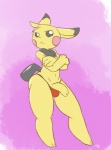 :< anthro anthrofied bulge clothed clothing crossed_arms flaccid foreskin genitals looking_away male penis penis_poking_out solo thick_thighs thong topless underwear eternallytardy nintendo pokemon generation_2_pokemon mammal pichu pokemon_(species) rodent full-length_portrait portrait