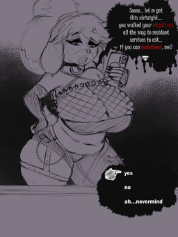 accessory alternative_fashion annoyed anthro armwear big_breasts bottomwear breasts cellphone chain cleavage clothed clothing collar cross-popping_vein dialogue drip_effect dripping_speech_bubble elbow_gloves electronics eyelashes female fishnet_clothing fishnet_topwear floppy_ears frown gloves goth hair hair_accessory hairband hand_on_hip handwear highlighted_text holding_cellphone holding_object holding_phone huge_breasts iconography lop_ears midriff navel pants phone pointy_speech_bubble sharp_teeth solo speech_bubble spikes teeth text text_box text_box_prompt text_emphasis topwear torn_clothing user_interface somnolentdoll animal_crossing nintendo gothabelle isabelle_(animal_crossing) canid canine canis domestic_dog mammal shih_tzu toy_dog 2021 3:4 absurd_res english_text guide_lines hi_res monochrome sketch