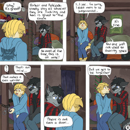5_panel_comic anthro barefoot bed black_hair blonde_hair blue_eyes bottomwear brown_eyes clothed clothing cuff_(restraint) curious curtains dialogue duo eye_contact feet flannel_shirt fur furniture grey_body grey_fur hair hand_on_lap hand_on_mouth handcuffs hands_between_legs hoodie inside logo looking_at_another male metal_cuffs name_in_dialogue nervous on_bed one_ear_up page_number pants pillow profanity question_mark restraints sitting sitting_on_bed smile speech_bubble text toothy_grin topwear yellow_body yellow_fur kriek_wildebeest jeremy_(kriek_wildebeest) tom_(kriek_wildebeest) border_collie canid canine canis collie domestic_dog herding_dog husky hybrid mammal nordic_sled_dog pastoral_dog sheepdog spitz wolf 1:1 artist_logo comic english_text hi_res multiple_scenes