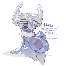 anthro areola armor big_breasts breasts ellipsis female fused_shadow headgear helmet huge_breasts looking_at_viewer neck_tuft nipples nude open_mouth shortstack sitting solo text thick_thighs tuft wide_hips submarine_screw cartoon_network mao_mao:_heroes_of_pure_heart sonara bat mammal english_text hi_res monochrome