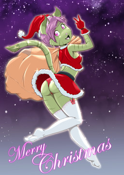 anthro biped black_markings black_stripes breasts butt christmas_clothing christmas_headwear clothed clothing cosmic_background costume crop_top cute_fangs dipstick_ears ear_markings eyebrows fangs female fur gesture gloves green_body green_fur hair hand_gesture handwear hat headgear headwear heart_eyes heart_symbol holding_bag holidays legwear looking_at_viewer looking_back looking_back_at_viewer markings merry_christmas multicolored_ears open_mouth panties pink_eyes pink_hair pink_nose rear_view red_clothing red_gloves red_handwear red_panties red_underwear santa_costume santa_hat shirt short_hair sky small_breasts solo star starry_background starry_sky stockings striped_body stripes teeth text thigh_highs tongue topwear underwear upskirt v_sign white_clothing white_legwear white_stockings young young_anthro young_female risingdragon christmas midori_(risingdragon) domestic_cat felid feline felis mammal 2025 absurd_res english_text hi_res