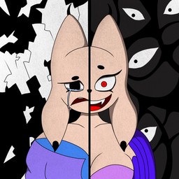 anthro black_eyes bodily_fluids clothing female fur insane looking_at_viewer pink_body pink_fur red_eyes sad solo split_form tears tears_of_sadness teeth shenyiolen nine_sols red_candle_games lady_ethereal_(nine_sols) felid feline mammal 1:1 hi_res