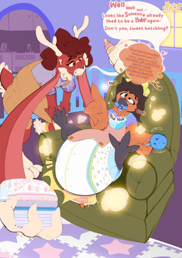 3_toes ambiguous_gender ankle_tuft anthro antlers arm_tuft baby_bottle bar_emanata bib big_diaper big_glasses brown_hair bunnyhopps_(diaper) button_(fastener) button_pop cheek_tuft clothed clothing cloud_emanata diaper digitigrade dreadlocks duo elbow_tuft emanata eyewear facial_tuft feather_hands feather_tuft feathers feet female floor_mat folded_diaper fur fwump_(sound) glasses gloves_(marking) green_armchair hair horn hyper_ears leg_markings leg_tuft little_kings_(diaper) markings onesie onesie_open orange_body orange_feathers overalls pacifier playpen prehensile_ears pupils rattle red_body red_fur red_hair red_pupils ring_(marking) round_glasses shirt short_tail sitting sitting_on_armchair socks_(marking) soiled_diaper speech_bubble t-shirt tail text thought_bubble toes topwear tuft unclean_diaper used_diaper wardrobe_malfunction wearing_diaper wetness_indicator white_antlers white_body white_fur window yellow_eyewear yellow_glasses hojaastrale abuniverse bunnyhopps little_kings astrale_(hojaastrale) oc_(crinklbird) avian bird jackalope kakapo lagomorph mammal parrot strigopoid absurd_res english_text hi_res