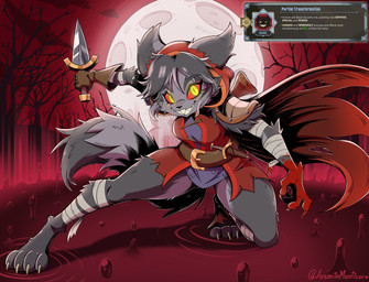 anthro arm_wraps belt breasts clothing eyebrows eyelashes feet female fur gloves grey_body grey_fur grey_hair grin hair handwear hood leg_wraps red_sclera smile solo text wraps yellow_eyes jasminthemanticore canid canine canis mammal wolf 2026 absurd_res english_text hi_res
