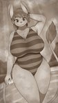 anthro beach big_breasts blue_clothing blue_eyes blue_swimwear breasts brown_body brown_hair cleavage cleavage_cutout clothed clothing cloud collarbone curvy_figure cutout day dutch_angle female furgonomics hair hand_behind_head huge_breasts long_ears long_tail looking_at_viewer mature_anthro mature_female mountain one-piece_swimsuit outside pink_nose sea seaside sky slightly_chubby smile solo stripes swimwear tail tail_tuft tuft voluptuous water wide_hips johnmarten ayla_(johnmarten) dipodid jerboa mammal rodent 4k 9:16 absurd_res hi_res monochrome sepia