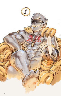 abs anthro banana banana_peel eyewear food fruit male metallic_body muscular muscular_anthro muscular_male pecs plant sunglasses p!k@ru bandai_namco digimon digimon_(species) haplorhine mammal metaletemon monkey primate hi_res