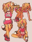 anthro bottomwear bra breasts clothed clothing dreadlocks female footwear fur hair hands_behind_head kemono markings open_mouth shoes solo sports_bra sportswear spots spotted_markings steamy_breath underwear yagi_the_goat cheetah felid feline mammal digital_media_(artwork) hi_res