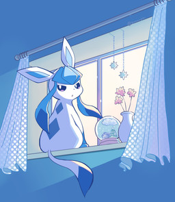 ambiguous_gender blue_hair blue_markings feral flower hair inside looking_back markings open_mouth plant pupils purple_eyes quadruped sitting solo tail white_pupils window komanyachi nintendo pokemon eeveelution generation_4_pokemon glaceon pokemon_(species) cel_shading colored digital_drawing_(artwork) digital_media_(artwork) hi_res shaded