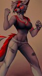 2015 9:16 anthro black_body black_fur bra breasts canid canine clothed clothing digital_media_(artwork) falvie fangs female fighting_pose fur grey_body grey_fur grey_hair hair hi_res mammal multicolored_body multicolored_fur open_mouth pose red_body red_fur signature solo sports_bra tail teeth tongue underwear