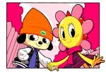 anthro big_eyes big_head border clothed clothing duo female flower hand_holding humanoid_on_anthro male male/female outside_border plant romantic romantic_couple white_border conditional_dnp gaturo parappa_the_rapper sony_corporation sony_interactive_entertainment parappa sunny_funny canid canine canis domestic_dog elemental_creature elemental_humanoid flora_fauna flower_creature flower_humanoid humanoid mammal plant_humanoid hi_res