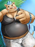 anthro belly big_belly blush bottomwear brown_body brown_fur bulge clothing fur humanoid_hands kemono looking_at_viewer male palm_tree plant shirt shorts slightly_chubby slightly_chubby_male solo swimwear topwear tree inunodaidokoro lifewonders tokyo_afterschool_summoners ganglie_(tas) mammal suid suina sus_(pig) wild_boar 2024 absurd_res hi_res