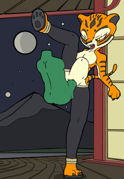 abdominal_bulge clothed clothing duo female flexible large_penetration legwear male night one_leg_up outside partially_clothed penetration raised_leg sex splits spread_legs spreading standing stockings vertical_splits pornwhal praxxwhal_(artist) dreamworks kung_fu_panda anon master_tigress felid human mammal pantherine tiger absurd_res hi_res