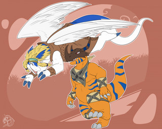 anthro barefoot blonde_hair claws clothing duo eyewear feathered_wings feathers feet flying goggles hair horn kerchief looking_at_another male orange_body semi-anthro smile tail teeth thick_tail toe_claws wings appellemoigreuh bandai_namco digimon legendz mythology shiron digimon_(species) dinosaur dragon greymon mythological_creature mythological_scalie prehistoric_species reptile scalie windragon crossover hi_res