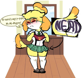 alternate_costume anthro big_butt biped blonde_hair blush bottomwear breasts butt butt_close-up close-up clothed clothing collared_shirt countershade_butt countershading cutaway dipstick_tail dress_shirt embarrassed exposed_butt eyes_closed eyewear female footwear forced_to_expose_self frilly frilly_clothing frilly_panties frilly_underwear front-print_panties glasses green_eyewear green_glasses hair hair_bun holding_clothing holding_object holding_panties holding_underwear humiliation inside legwear looking_away markings necktie nerd nerdification no_underwear panties pleated_skirt presenting_panties presenting_underwear print_clothing print_panties print_underwear red_clothing red_panties red_underwear round_glasses shaking shirt shoes skirt socks solo standing stuttering suspenders tail tail_markings text text_on_body text_on_butt text_on_clothing text_on_panties text_on_underwear thick_thighs thigh_highs thigh_socks topwear underwear wearing_glasses white_clothing white_shirt white_topwear wide_hips yellow_body picknpull animal_crossing nintendo isabelle_(animal_crossing) canid canine canis domestic_dog mammal shih_tzu toy_dog 2024 digital_media_(artwork)