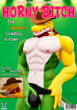 abs anthro barcode biceps biped bulge bulge_grab candy clothing cowboy_hat dessert food green_body gummy_(food) hat headgear headwear looking_at_viewer magazine male male_anthro muscular muscular_male navel nipples pecs porn_magazine pornography smile solo tail text white_body yellow_body foxibiki valorlynz_(modeler) glitch_productions the_amazing_digital_circus gummigoo_(tadc) alligator alligatorid crocodilian food_creature gummy_creature living_candy reptile scalie 3d_(artwork) blender_(artwork) blender_cycles_(artwork) cover digital_media_(artwork) english_text hi_res magazine_cover