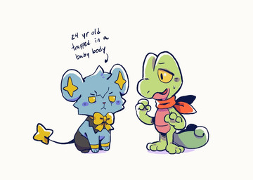 annoyed black_body black_fur blue_body blue_fur bow_tie duo fur green_body half-closed_eyes narrowed_eyes open_mouth red_scarf scarf tail text worried yellow_bow_tie yellow_eyes thatlazyrat nintendo pokemon pokemon_mystery_dungeon spike_chunsoft generation_3_pokemon generation_4_pokemon pokemon_(species) shinx treecko 2021 english_description english_text