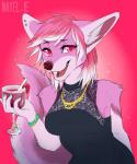 anthro beverage bracelet breasts clothed clothing dress drinking_straw ear_piercing fangs female food fruit fur jewelry looking_at_viewer necklace piercing pink_body pink_fur plant smile solo strawberry teeth nayel-ie ivy_trellis bubblegum_(ivy_trellis) canid canine fennec_fox fox mammal true_fox 2014 hi_res