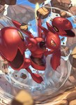 ambiguous_gender anthro claws cloud day destruction flying orange_eyes red_body rock semi-anthro solo wings supearibu nintendo pokemon generation_2_pokemon pokemon_(species) scizor 2020 hi_res