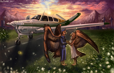 aircraft airplane amber_eyes ambiguous_gender anthro beak black_beak black_body black_claws black_feathers bottomwear brown_body brown_eyes brown_feathers brown_fur building claws clothed clothing cloud countershading day detailed_background detailed_feathers detailed_fur dipstick_beak dress duo_focus eye_contact feathered_wings feathers feet female flower flying fur gate grass group hand_holding hat headgear headwear hindpaw humanoid_hands lens_flare light long_mouth looking_at_another male mountain multicolored_beak multicolored_body multicolored_feathers no_sclera open_mouth outside pants paws plant plantigrade road romantic romantic_ambiance romantic_couple scenery shadow shrub side_view sky spread_wings standing sun sunlight two_tone_beak two_tone_body two_tone_feathers vehicle wheel white_body white_countershading white_flower white_fur wind wings yellow_beak flashw mythology avian bird gryphon mythological_avian mythological_creature 2017 detailed digital_media_(artwork) hi_res