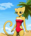 anthro beach breasts cleavage clothed clothing female fur outside palm_tree plant seaside solo swimwear tree yellow_body yellow_fur sharkcatsg microsoft prequel_adventure the_elder_scrolls katia_managan felid khajiit mammal 2015 absurd_res hi_res