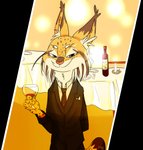 alcohol anthro beverage brown_body brown_fur clothing fur male plant solo suit vines yellow_eyes ocerydia bad_guy_cafe halloweek judge_arten_(artenreichtum) demon felid feline lynx mammal hi_res