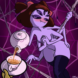 anthro areola blush bodily_fluids bow_ribbon breasts clothing container cup fangs female genitals hands_on_hips leggings leggings_only legwear legwear_only multi_eye multi_limb nipples nude purple_body solo spider_web tea_cup teapot teeth vulva theenfman undertale undertale_(series) muffet arachnid arthropod spider 1:1 hi_res