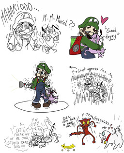 scared screaming text zikadraws cartoon_network courage_the_cowardly_dog luigi's_mansion mario_bros nintendo courage_the_cowardly_dog_(character) katz_(courage_the_cowardly_dog) luigi polterpup beagle canid canine canis domestic_dog ghost human hunting_dog mammal scent_hound spirit crossover english_text hi_res tagme