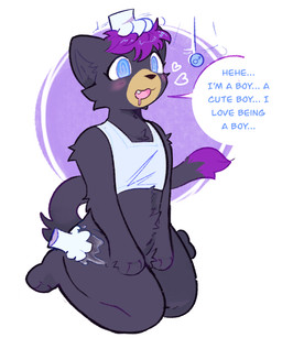 anthro black_body blue_eyes blush bodily_fluids bra chest_binder clothing dialogue disembodied_hand drooling fangs flat_chested forced forced_masculinization forced_transformation ftm_transformation fur gender_transformation hair hands_on_legs headpat hormone_replacement_therapy hypnosis kneeling male masculinization mind_control open_mouth purple_hair saliva simple_background solo spiral spiral_eyes sports_bra tail teeth testosterone text thick_thighs topwear transformation underwear pawberry frocta felid feline mammal 5:6 digital_media_(artwork) english_text hi_res