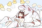 ahoge anthro bathing bathing_together beady_eyes blue_eyes blush brown_hair bubble convenient_censorship countershade_face countershade_torso countershading duo female fin fingernails gills grey_body hair holding_object lying_on_another multi_mouth nails neck_gills nude pale_skin red_eyes red_gills rubber_duck scar sharp_teeth sitting smile soap soap_dispenser teeth toothy_grin white_body tldkswnj library_of_ruina project_moon greta_(lor) hod_(project_moon) fish human mammal marine shark