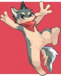 anthro clothing featureless_crotch fur green_body green_fur kerchief looking_at_viewer male red_background simple_background smile solo shin. izuna_(shin.) canid canine canis domestic_dog mammal