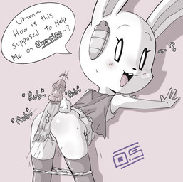 4_fingers anthro anthro_focus asking asking_how bent_over black_eyes black_text_outline blush blush_lines buckteeth butt carrot_hairclip clothed clothing disembodied_penis duo erection eyelashes female female_focus female_on_human fingers fur genitals glans glistening glistening_butt hot_dogging human_on_anthro humanoid_genitalia humanoid_penis humanoid_vulva interspecies leaning_on_wall looking_back male male/female male_human male_on_anthro motion_blur onomatopoeia open_mouth open_smile panties panties_down partially_clothed penis pupils question_mark sex shadow short_tail smile solo_focus sound_effects speech_bubble tail teeth text tongue underwear underwear_down vein veiny_penis vulva white_body white_butt white_fur white_pupils white_speech_bubble white_tail white_text white_vulva young young_anthro young_female oversleeper carrol_(oversleeper) human lagomorph leporid mammal rabbit 2025 english_text greyscale hi_res monochrome watermark