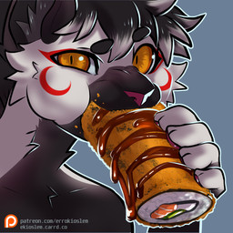 abstract_background anthro eating eating_food food holding_food holding_object looking_at_viewer male simple_background solo sushi yellow_eyes errokioslem domestic_cat felid feline felis mammal 1:1 hi_res portrait three-quarter_portrait