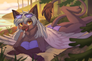 4_toes 5_fingers anthro beak biped blue_hair breasts butt claws clothed clothed_anthro clothed_female clothing cloud eyewear feet female finger_claws fingers front_view fur glasses grey_body grey_fur grey_tail hair looking_at_viewer lying on_front outside scuted_arms scutes sky smile solo tail toes tongue yellow_eyes ketty mythology avian gryphon mythological_avian mythological_creature 2025 3:2 digital_drawing_(artwork) digital_media_(artwork) hi_res